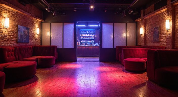 Een luxe Europese nachtclubinterieur met elegante meubels en kunst.