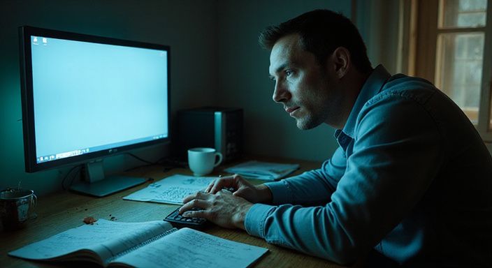 Een gefocuste man werkt moeizaam aan zijn laptop in een studio.