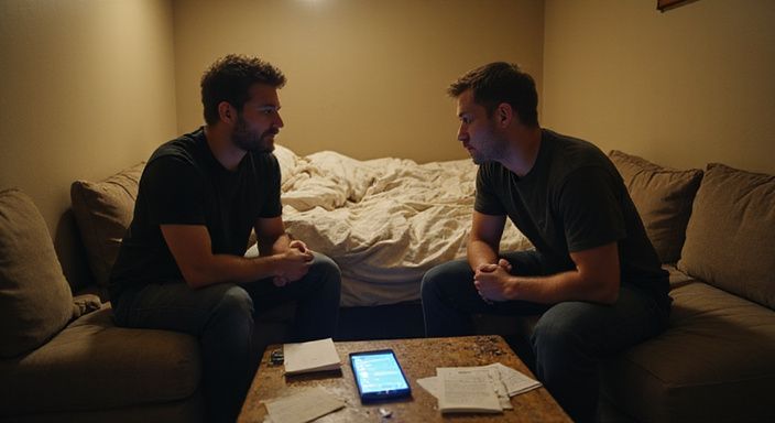 Twee mensen zitten in spanning op een versleten bank.