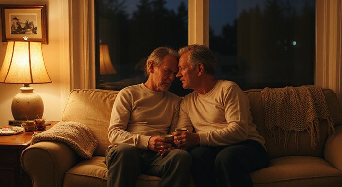 Een intiem stel geniet van elkaars gezelschap op een versleten sofa.