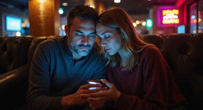Twee mensen lezen gefocust op een smartphone in een lounge.