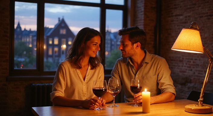Een man en vrouw delen een intiem moment in een Amsterdamse loft.