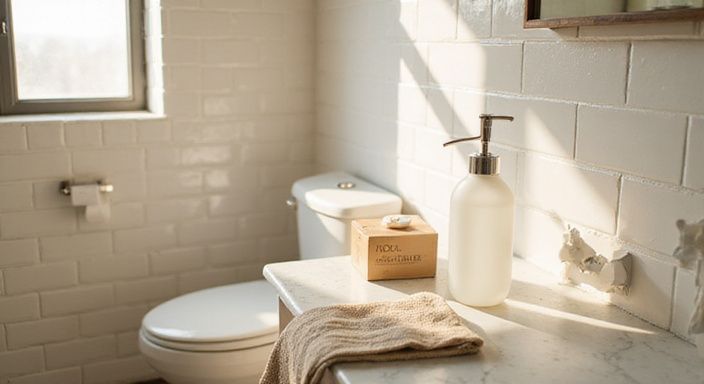 Een moderne badkamer met marmeren aanrecht en stijlvolle accessoires. Een moderne badkamer met marmeren aanrecht en stijlvolle accessoires.