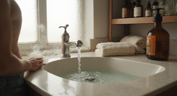 Een jonge volwassene verzorgt zichzelf in een minimalistische badkamer. Een jonge volwassene verzorgt zichzelf in een minimalistische badkamer.