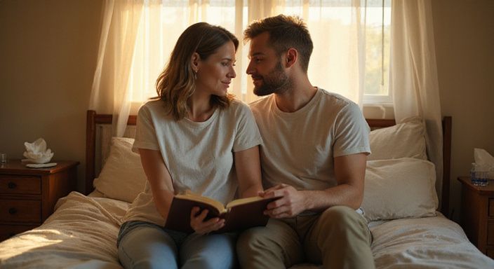 Een intiem moment van een stel op een bed met een notitieboek. Een intiem moment van een stel op een bed met een boek over anale sex.