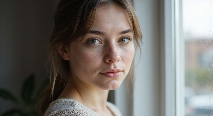 Een vrouw met delicate gelaatskenmerken en authentieke emotie in haar ogen. Anale sex