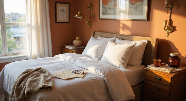Een gezellige slaapkamer met persoonlijke wellnessitems en warme tinten. Een gezellige slaapkamer met persoonlijke wellnessitems en warme tinten.