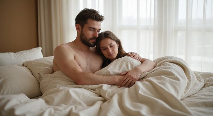 Twee volwassenen liggen knus samen op een bed in een minimalistische slaapkamer. Twee volwassenen liggen knus samen op een bed in een minimalistische slaapkamer.
