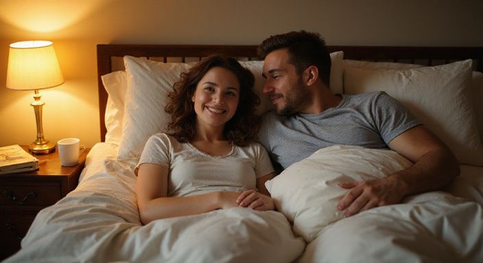 Een vrouw en man liggen samen in bed, stralend van geluk. Een vrouw en man liggen samen in bed, stralend van geluk tijdens hun voorspel & naspel.
