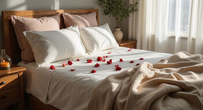 Een serene slaapkamer met zachte, neutrale tinten en luxe texturen. Een serene slaapkamer met zachte, neutrale tinten en luxe texturen.