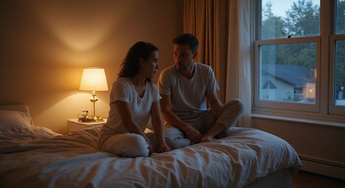 Twee jonge volwassenen delen een intiem gesprek in een slaapkamer. Twee jonge volwassenen delen een intiem gesprek over voorspel & naspel in een slaapkamer.