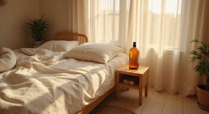 Serene slaapkamer met comfortabele beddengoed en minimalistische decoratie. Serene slaapkamer met comfortabele beddengoed en minimalistische decoratie.