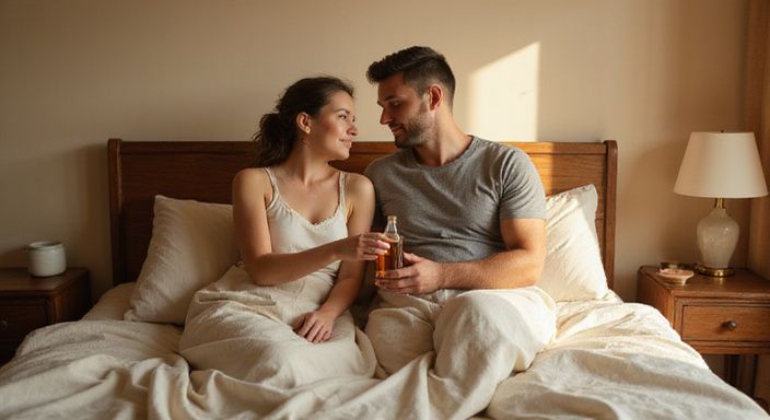 Een stel in bed geniet van een intiem moment samen. Een stel in bed geniet van een intiem moment samen met voorspel & naspel.