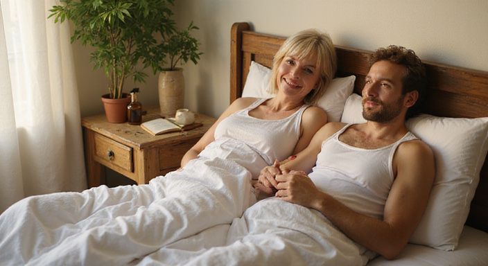 Een intieme, ongeposeerde momentopname van een vrouw en man op bed. Een intieme, ongeposeerde momentopname van een vrouw en man op bed.