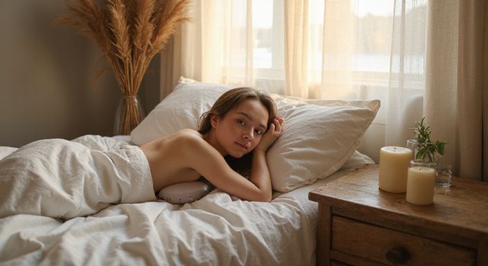 Een vrouw ligt ontspannen op bed in een gezellige slaapkamer. Een vrouw ligt ontspannen op bed in een gezellige slaapkamer.