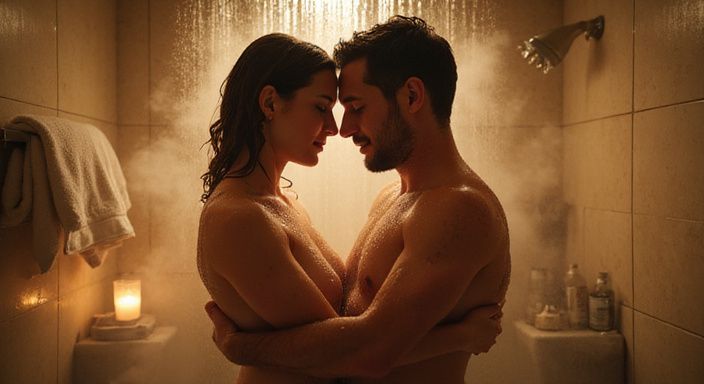 Een intieme omhelzing van een volwassen stel onder de douche. Een intieme omhelzing van een volwassen stel onder de douche.