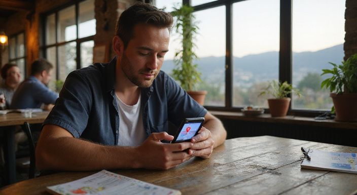 Een volwassene plant een reis met een smartphone en reisgidsen. Een volwassene plant een reis met een smartphone en reisgidsen.