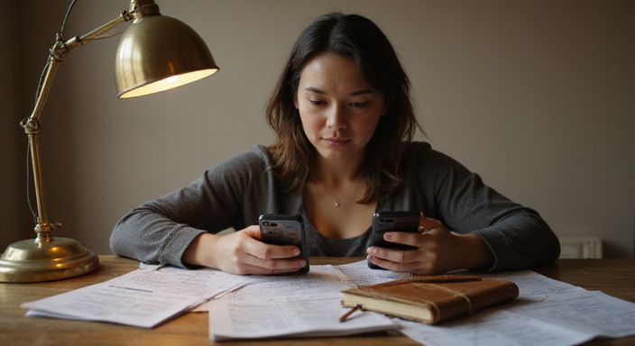 Een vrouw doet gedetailleerd onderzoek naar app-interfaces op haar bureau. Een vrouw doet gedetailleerd onderzoek naar app-interfaces op haar bureau.