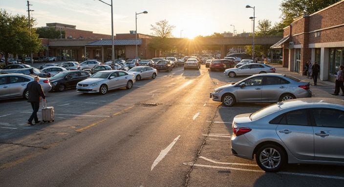Een drukke parkeerplaats bij een treinstation met verschillende voertuigen. Een drukke parkeerplaats bij een treinstation met verschillende voertuigen.