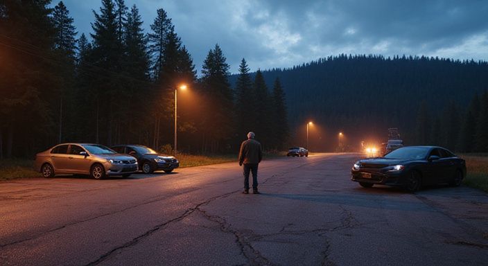 Een man observeert alert in een afgelegen parkeerplaats bij het bos. Een man observeert alert in een afgelegen parkeerplaats bij het bos.