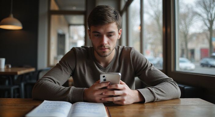 Een persoon in een café, verdiept in hun smartphone. Een persoon in een café, verdiept in hun smartphone.