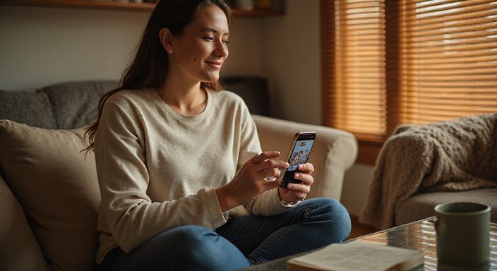 Een vrouw glimlacht ontspannen terwijl ze een dating-app bekijkt. Een vrouw glimlacht ontspannen terwijl ze een dating-app voor mollige vrouwen sexcontact bekijkt.