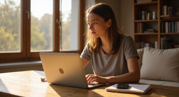 Een geconcentreerde vrouw werkt aan een laptop aan een houten tafel. Mollige vrouwen sexcontact zoeken