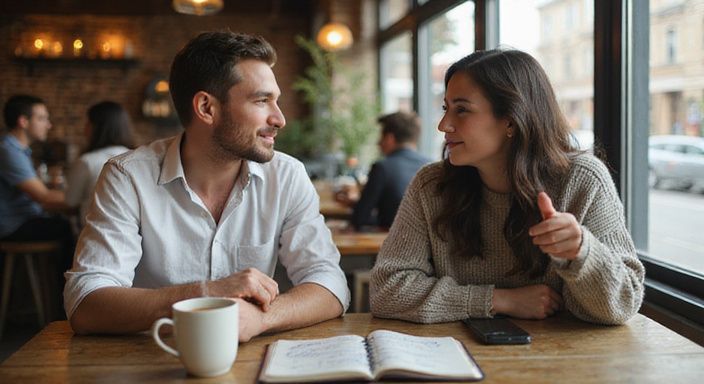 Twee mensen in een café, verdiept in gesprek en interactie. Twee mensen in een café, verdiept in gesprek over een mollige vrouwen sexcontact.