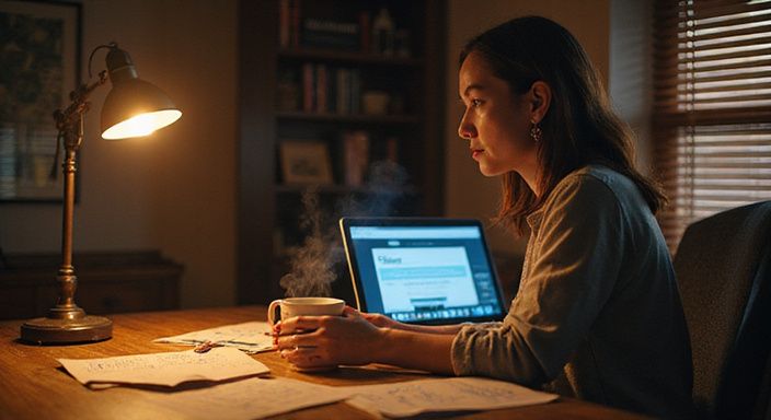 Een vrouw werkt gefocust aan een bureau met aantekeningen en een laptop. Een vrouw werkt gefocust aan een bureau met aantekeningen en een laptop.