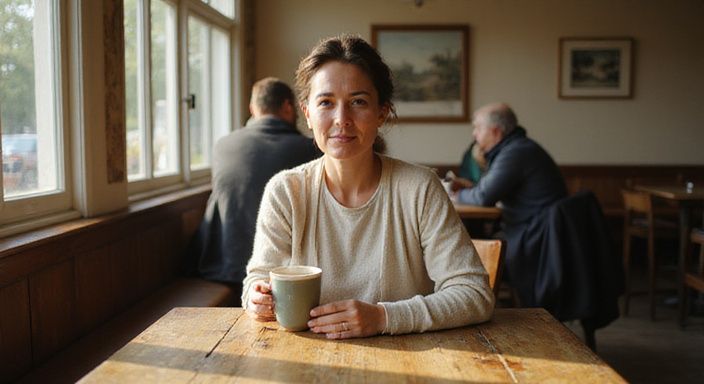 Een vrouw geniet van een moment van stilte in een café. Een vrouw geniet van een moment van stilte in een café.