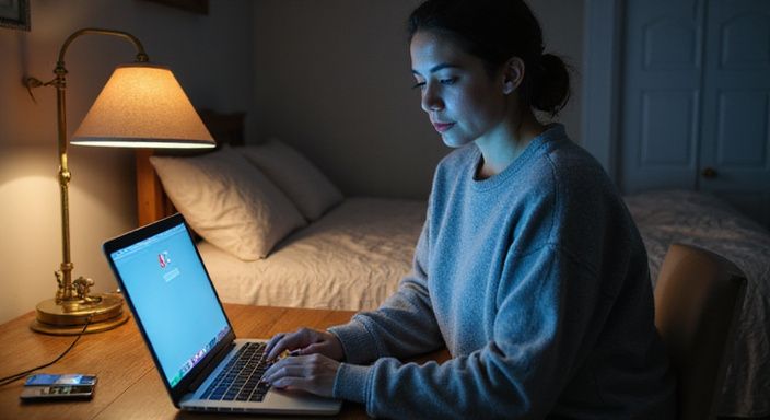 Een vrouw in een oversized sweater zit contemplatief achter haar laptop. Een vrouw in een oversized sweater zit contemplatief achter haar laptop.