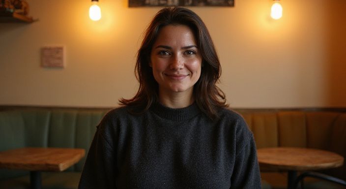 Een vrouw in een Rotterdamse café met een oprechte glimlach. Een vrouw in een Rotterdamse café met een oprechte glimlach.
